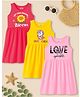 KUCHIPOO Cotton Blend Knit Pack Of 3 Sleeveless Floral & Unicorn Printed Dresses - Pink Yellow & Magenta