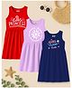 KUCHIPOO Cotton Blend Knit Pack Of 3 Sleeveless Girl Team Love & Little Princess Text Printed Dresses - Red Lilac & Navy Blue
