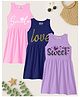 KUCHIPOO Cotton Blend Knit Pack Of 3 Sleeveless Sweet & Smile Text Printed Dresses - Navy Blue Pink & Purple