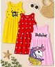 KUCHIPOO Cotton Blend Knit Pack Of 3 Sleeveless Unicorn & Super Girl Text Printed Dresses - Red Yellow & Pink