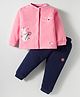 Little Darlings Fleece Knit Winter Wear Night Suit With Bunny & Floral Embroidery - Dark Pink