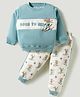 Little Darlings Fleece Knit Full Sleeves Cut & Sew Winter Wear T-Shirt & Lounge Pant Set with Skin Print - Teal Blue