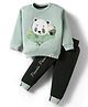 Little Darlings Fleece Knit Full Sleeves Winter Wear T-Shirt & Lounge Pant Set with Panda Embroidery - Light Green