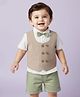 Babyhug Cotton Woven Half Sleeves Striped Shirt & Shorts Set with Jacket & Bow - Beige & Light Green