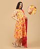 The Mom Store Cotton Knit Three Fourth Puffed Sleeves Floral Printed Maternity & Side Zipper Nursing Access Kurti With Pant & Dupatta Set - Multi Colour