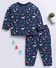 Clt.s Cotton Knit Full Sleeves Dinosaurs Printed Coordinating Night Suit Set - Blue