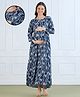 MomToBe Rayon Woven Three Fourth Sleeves Abstract Printed Maternity Dress With Side Zipper Nursing Access - Yale Blue