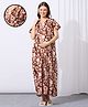 MomToBe Cotton Blend Half Sleeves Floral Printed Maternity Nighty With Side Seem Nursing Access - Chestnut Brown