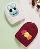 MayRa Knits Knitted Knit Pack Of 2 Floral & Animal Face Patch Detailed Crochet Caps - Cream & Red
