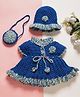 MayRa Knits Knitted Knit Half Sleeves Floral Applique Detailed Hand Knitted Dress & Cap With Purse Set - Blue