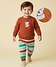 Babyoye Cotton Knit Full Raglan Sleeves Sweater Set with Stripes & Bear Embroidery - Brown