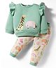 ToffyHouse Knitted Full Sleeves Winter Wear Top & Joggers Set with Giraffe & Elephant Patch Embroidery & Frill Detailing - Mint & Cream