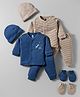 I Bears Interlock Knit Full Sleeves Bear Printed & Striped Co-ords Night Suits with Caps & Mittens Pack of 2 - Navy Blue & Tan