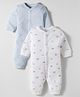 I Bears Interlock Knit Full Sleeves Front Open Rompers with Vehicle Print & Stripes Pack of 2 - Light Blue & White