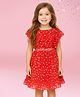 Cutecumber Georgette Woven Sleeveless Frill Detailed Lace Embellished Floral Printed Dress - Red