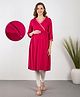 Bella Mama Woven Three Fourth Sleeves Solid Color Neck Highlighted Maternity Kurti - Fuchsia