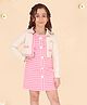 Cutecumber Waffle Knit Sleeveless Winter Striped Dress With Full Sleeves Shrug - Pink