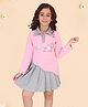 Cutecumber Knit Full Sleeves Trendy Love Text Foil Printed Pleated Winter Dress - Pink
