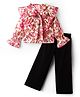 CrayonFlakes Cotton Woven Full Peasant Sleeves Floral Printed Frill Detailed Top & Culotte Set - Pink