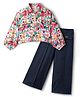 CrayonFlakes Cotton Knit Full Sleeves Floral Printed Shirt Style Top & Pant Set - Blue