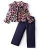 CrayonFlakes Cotton Knit Full Bell Sleeves Floral Printed With Culottes Set - Navy Blue