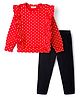 CrayonFlakes Cotton Knit Full Sleeves Polka Dots Printed Light Winter Top With Leggings Set- Red