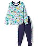CrayonFlakes Cotton Knit Full Sleeves Dinosaur Printed Light Winter Tee & Coordinating Pant Set - Blue