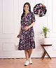 Bella Mama Woven Three Fourth Sleeves Maternity Dress With Floral Print and Pockets - Black