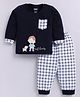 Nottie Planet Cotton Knit Full Sleeves Best Friends Text & Dog Printed Tee With Checked Joggers Set - Navy