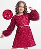 Hola Bonita Knit Full Fur Sleeves Party Dress With Sequin Detailing & Belt - Red
