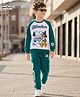 HoneyHap Disney Terry Knit Full Raglan Sleeves Sweatshirt & Joggers Set with Mickey Mouse Graphic & Badge Detailing - Teal Blue