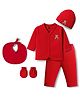 I Bears Interlock Knit Full Sleeves T-Shirt & Pant Set With Cap Mittens & Bib - Red
