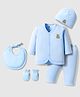 I Bears Interlock Knit Full Sleeves T-Shirt & Pant Set With Cap Mittens & Bib - Light Blue