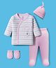 I Bears Interlock Woven Full Sleeves Night Suit Cap & Mittens With Bear Print - Pink