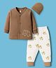 I Bears Interlock Knit Full Sleeves Front Open T-Shirt & Lounge Pant with Cap & Elephant Print - Brown & Cream