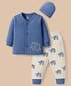 I Bears Interlock Knit Full Sleeves Front Open T-Shirt & Lounge Pant with Cap & Elephant Print - Navy Blue & Cream