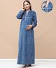 Secret Wish Woollen Woven Full Sleeves Geometric Printed Maternity Hooded Nighty With Centre Front Nursing Access - Blue