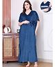 Secret Wish Velvet Woven Half Batwing Sleeves Solid Maternity Kaftan Nighty With Side Seam Nursing Access - Blue