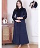 Secret Wish Velvet Woven Full Sleeves Solid Maternity Nighty With Centre Front Access - Navy Blue