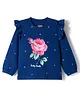 Babyhug 100% Cotton Knit Full Sleeves T-Shirt with Floral Print & Frill Detailing - Navy Blue