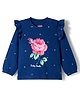 Babyhug 100% Cotton Knit Full Sleeves T-Shirt with Floral Print & Frill Detailing - Navy Blue