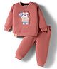 Mini Taurus Full Sleeves Winter Wear Night Suit With Animal Embroidery - Coral