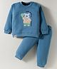 Mini Taurus Full Sleeves Winter Wear Night Suit With Animal Embroidery - Teal Blue