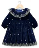 Babyhug Velvet Woven Full Sleeves Floral Embroidered & Sequinned Ethnic Dress- Navy