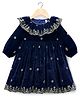 Babyhug Velvet Woven Full Sleeves Floral Embroidered & Sequinned Ethnic Dress- Navy