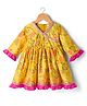 Babyhug Cambric Woven Three Fourth Sleeves Ethnic Dress With Floral Print &With Embroidery Yoke - Yellow