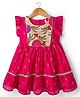 Babyhug Woven Frill Sleeves Ethnic Dress With Floral Embroidery & Sequin Detailing - Fuchsia