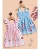 TOONYPORT Cotton Knit Pack Of 2 Cap Sleeves Striped & Butterflies Printed Smocked Dresses - White & Blue
