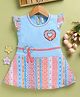 TOONYPORT Cotton Knit Cap Sleeves Hearts Printed Bow Applique Detailed Dress - Blue