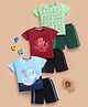 blushh berry Cotton Knit Pack Of 3 Half Sleeves Sea Life and All Set To Play Text Printed Tees With Shorts Set - Green Maroon & Blue